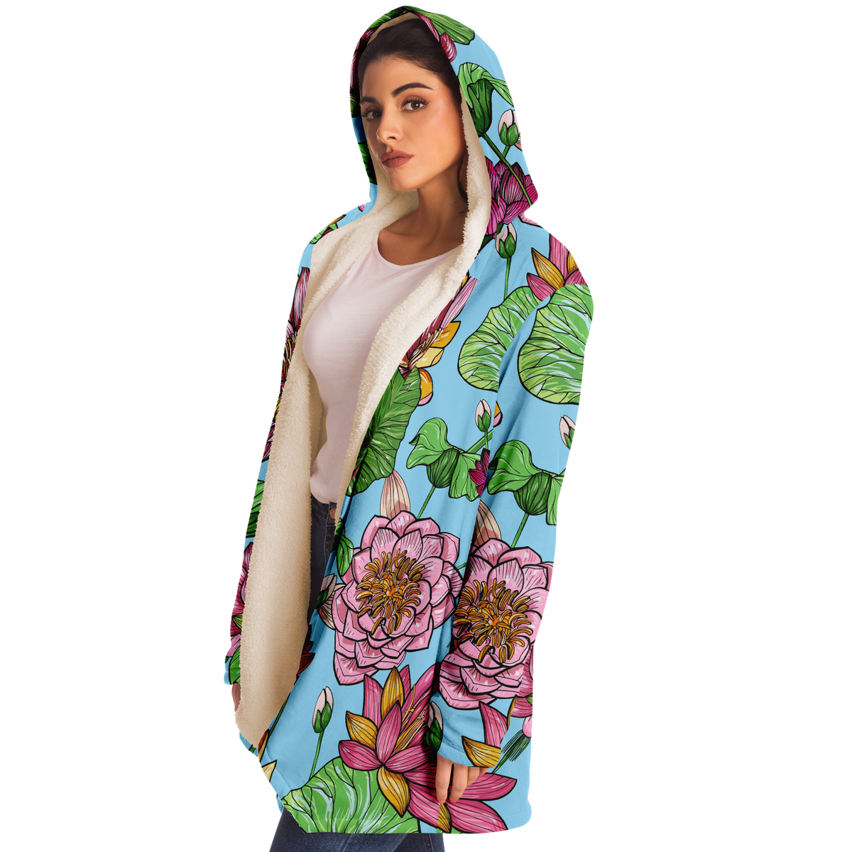 Retro Flower Unisex Hooded Microfleece Cloak (With Pockets)