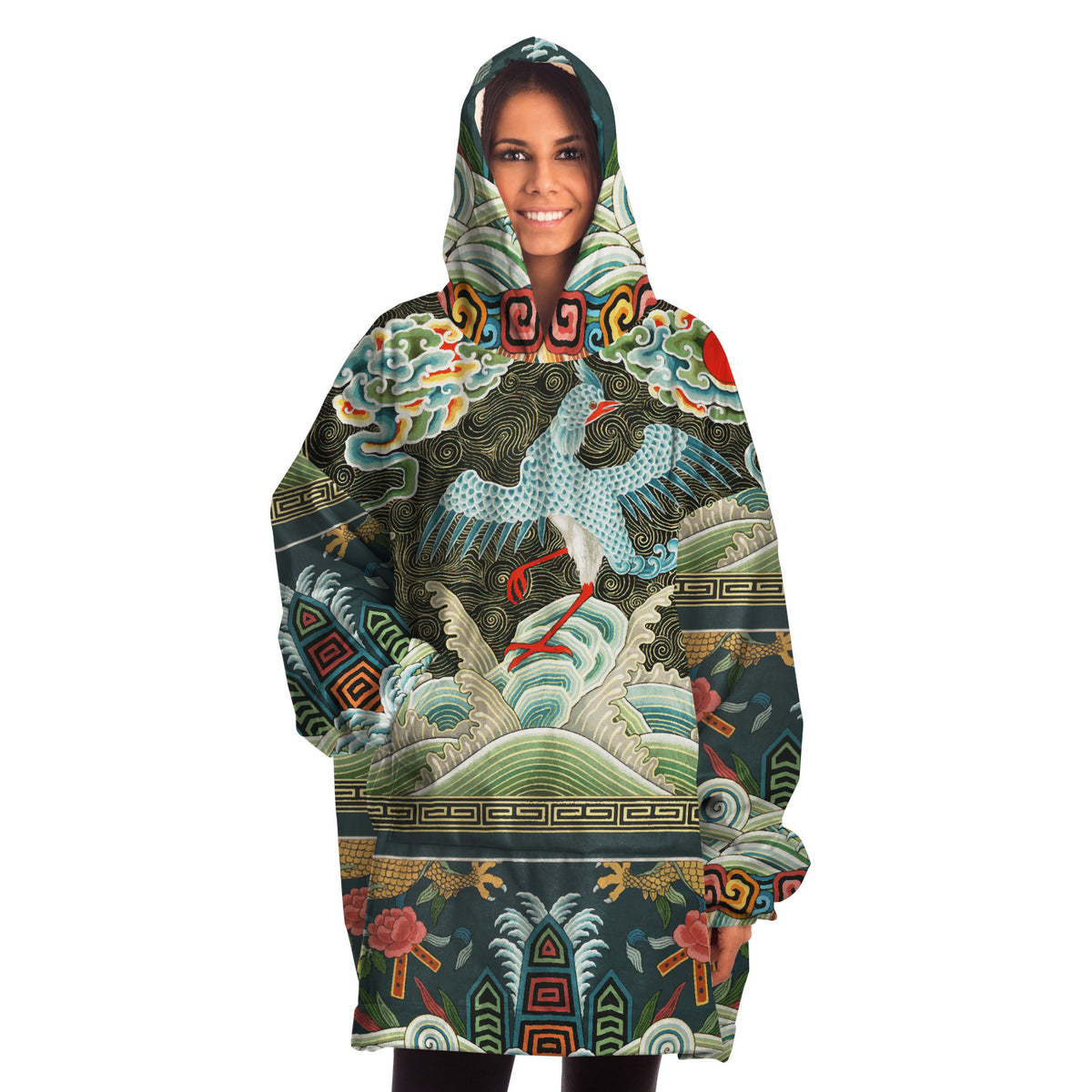 Male or Female Asian Crane Art Nouveau Giant Oversized Hoodie with Pockets