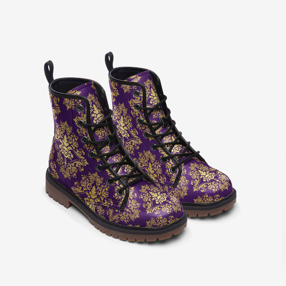 Gothic Skull Purple Vegan Leather Combat Boots, Macabre Pattern Boots, Art Nouveau, Ankle Boots