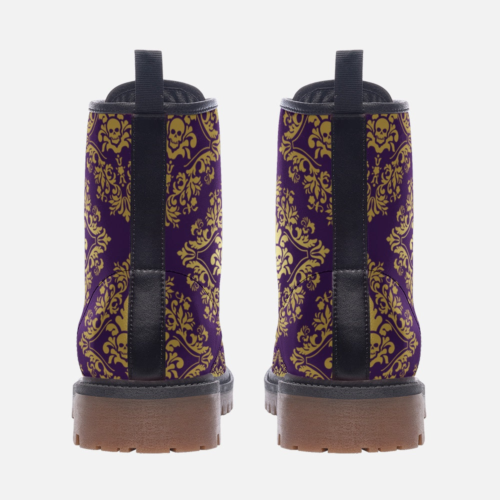 Gothic Skull Purple Vegan Leather Combat Boots, Macabre Pattern Boots, Art Nouveau, Ankle Boots