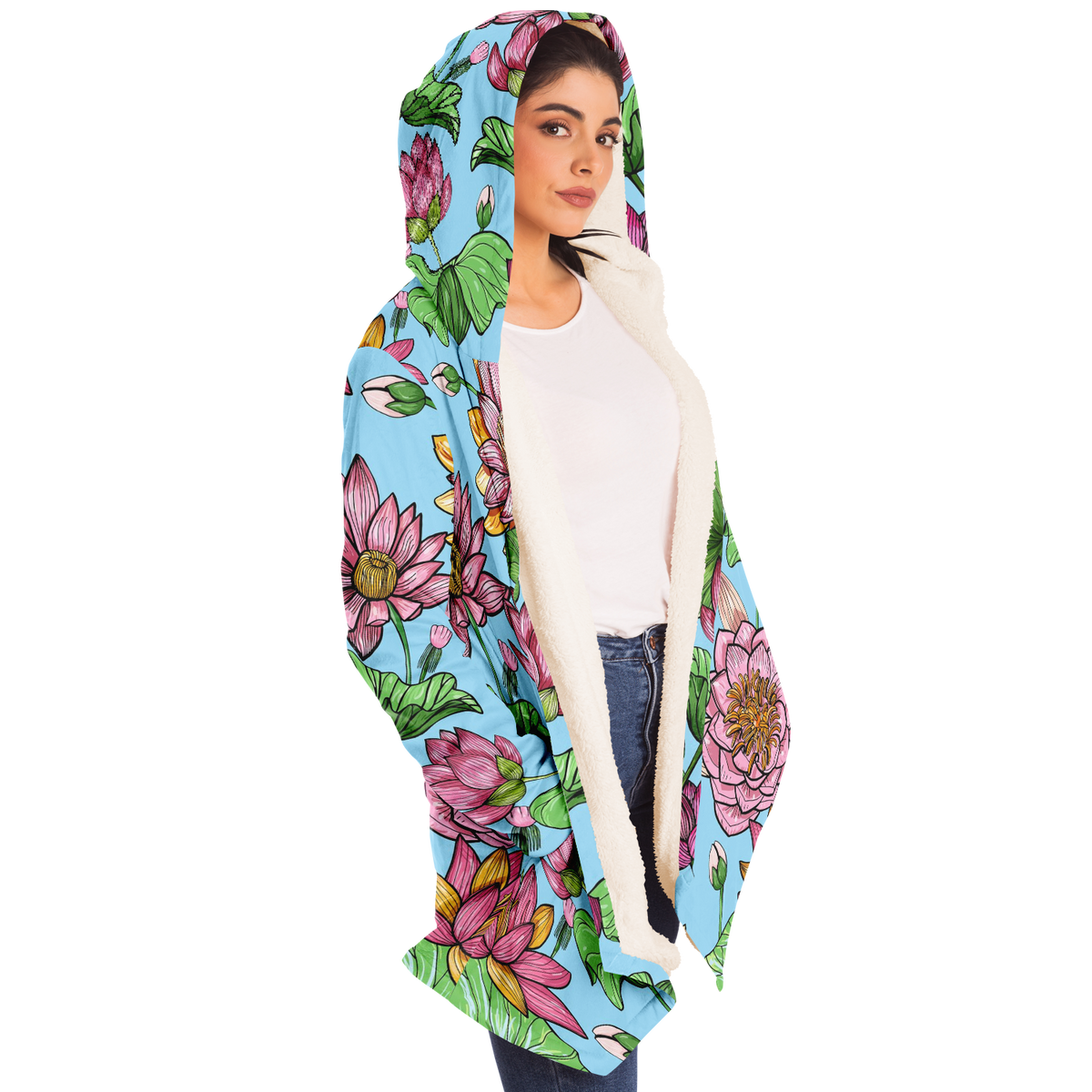 Retro Flower Unisex Hooded Microfleece Cloak (With Pockets)
