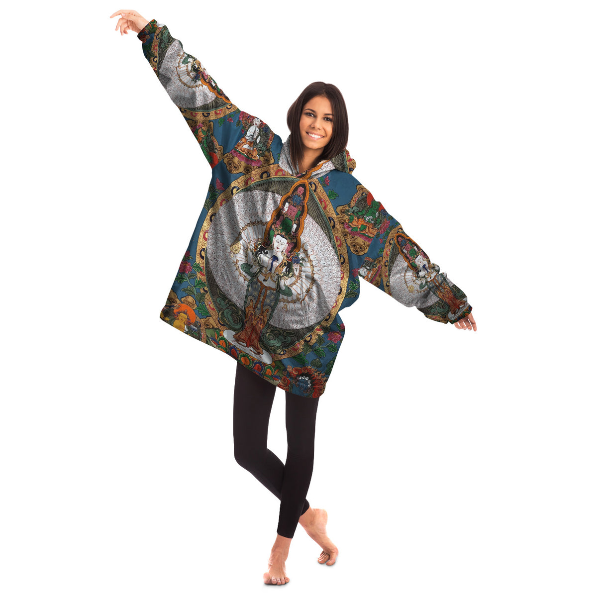 Blue Buddha Thanka Tibetan Snug Hoodie with pockets, Festival, Loungecore