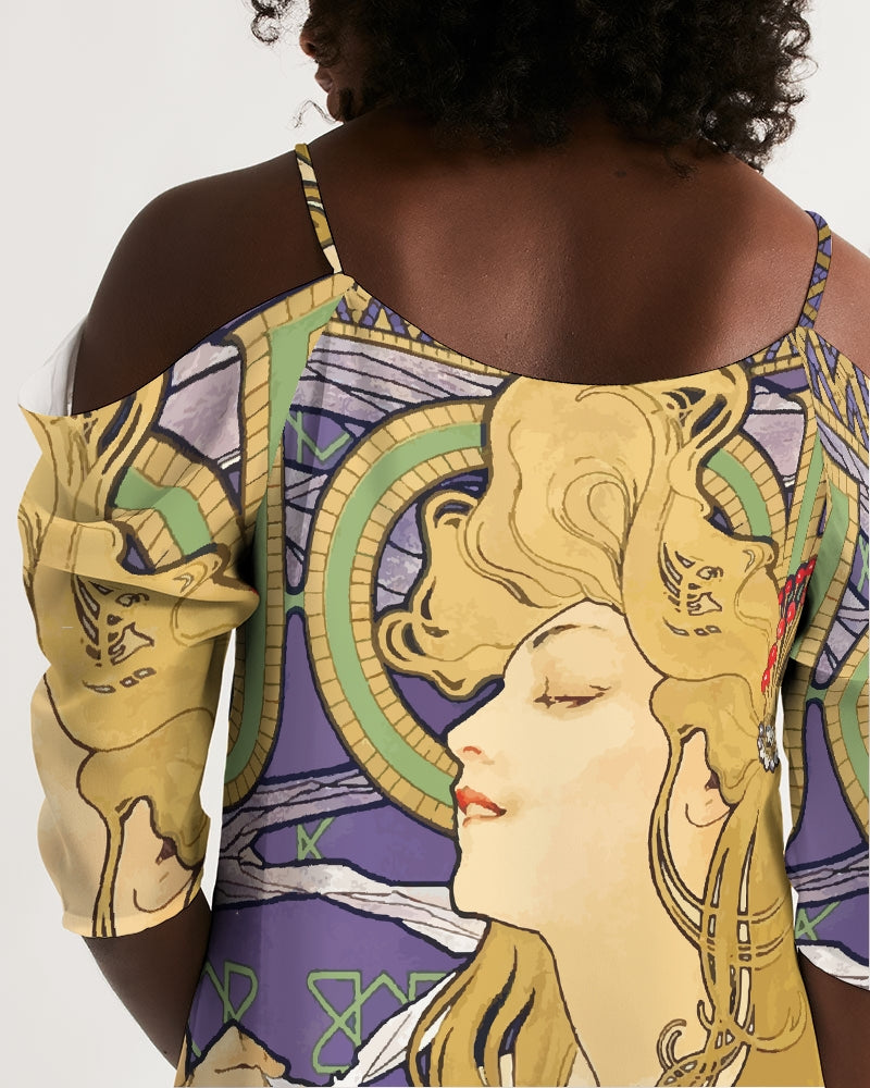 Alphonse Mucha Art Nouveau Women&#39;s Open Shoulder A-Line Dress