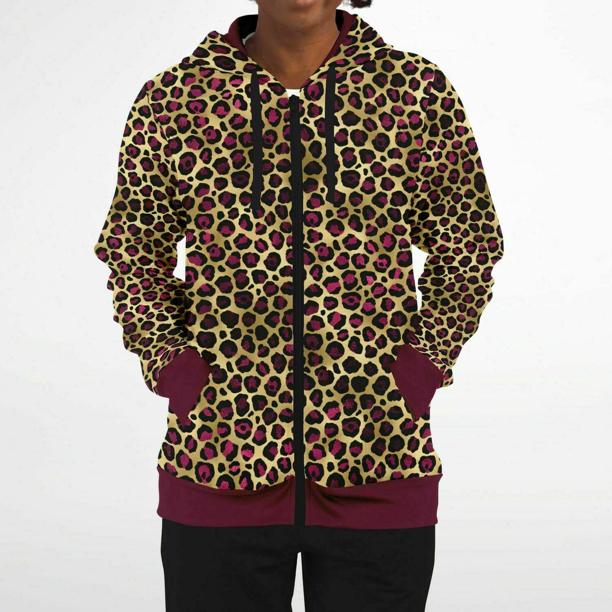 Leopard Luxe Zip Hoodie in Claret Contrast, Rockabilly, Rave, Plus Size Hoodie