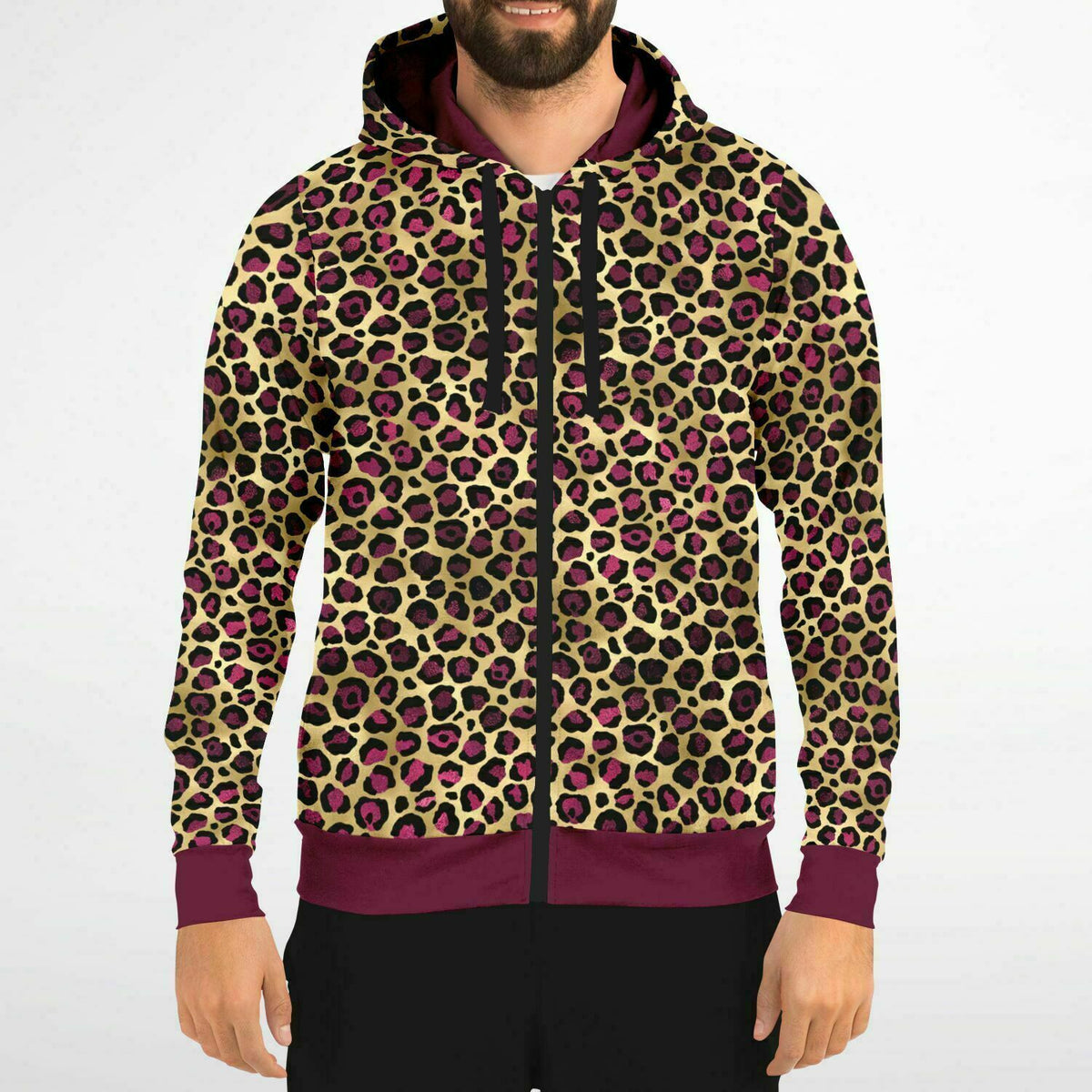 Leopard Luxe Zip Hoodie in Claret Contrast, Rockabilly, Rave, Plus Size Hoodie