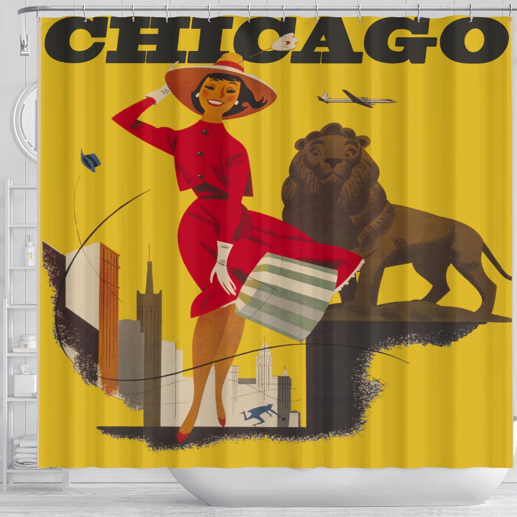 Vintage Chicago Travel Poster Shower Curtain - Futureisretro