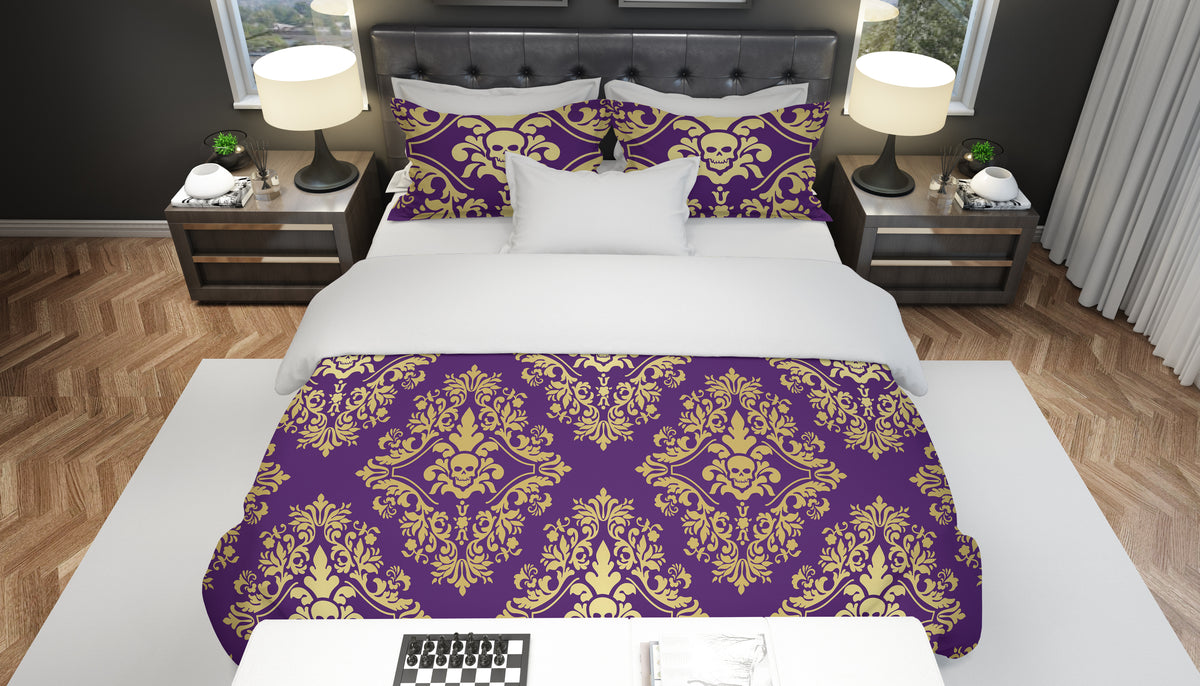 Duvet Set with pillow shams - Purple Skull Damask